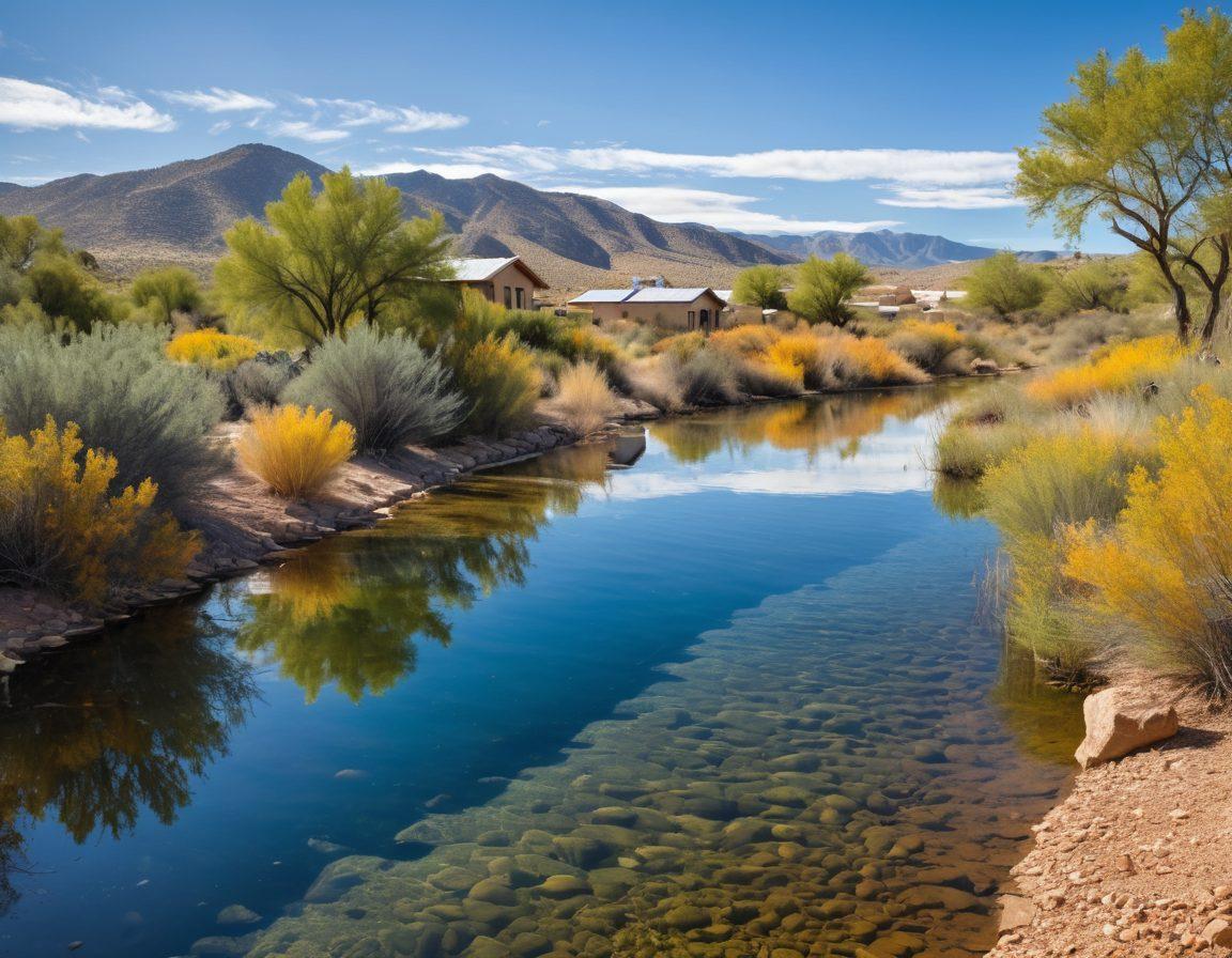 A serene landscape of New Mexico showcasing clear blue waters flowing through natural wetlands, surrounded by desert flora and sustainable water management techniques like rainwater harvesting systems and solar-powered pumps. In the foreground, a diverse group of people collaboratively working on water conservation projects, smiling and engaged. Bright sun casting warm tones, with a clear blue sky above. surrealism. vibrant colors. .