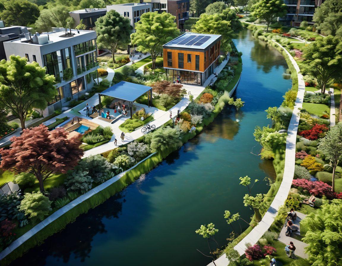 A vibrant community scene showcasing diverse people collaboratively working on sustainable water utility solutions, with a backdrop of green parks and a river. Include innovative water purification systems, lush gardens, and educational workshops. Visual elements should highlight harmony between urban living and nature. super-realistic. vibrant colors. 3D.