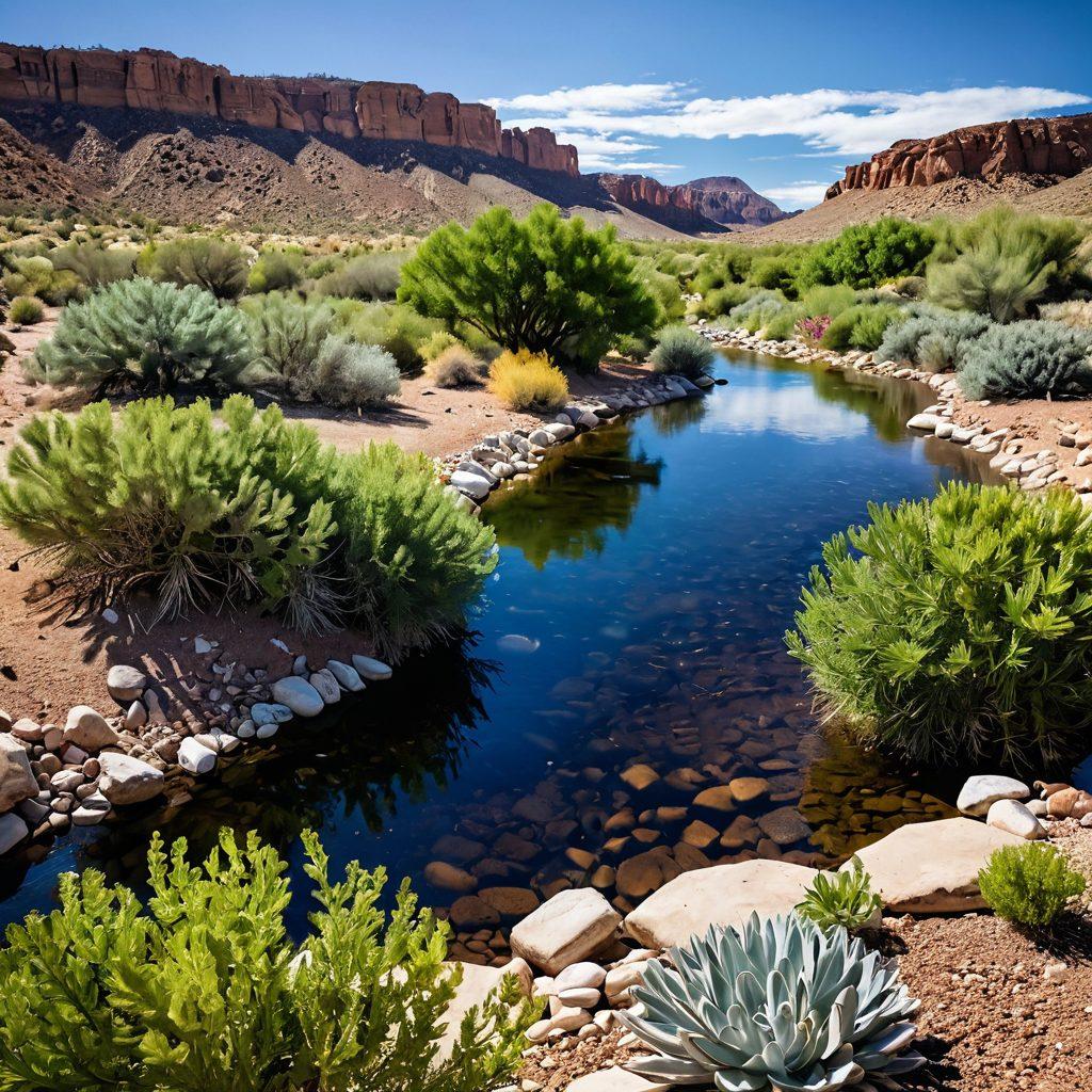 A vast New Mexico landscape featuring clear blue skies and a pristine river flowing through arid terrain, with a diverse array of water conservation efforts depicted: modern filtration systems, rainwater harvesting setups, and community gardens. Visual elements should include local flora and fauna, indicating a thriving ecosystem nourished by clean water. Bright sunlight illuminating the scene, emphasizing purity and sustainability. super-realistic. vibrant colors.